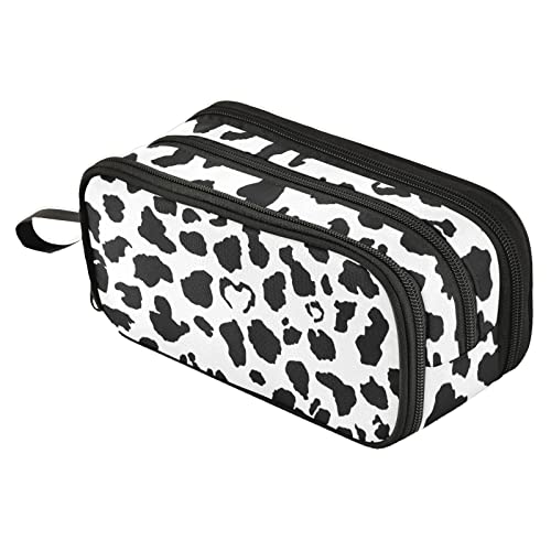 Fustylead Black White Milk Cow Skin Print Large Pencil Pen Case Stationery Bag, 3 Compartments School College Office Desk Organizer Storage Pouch Marker for Teen Boys Girls Students - Image 1