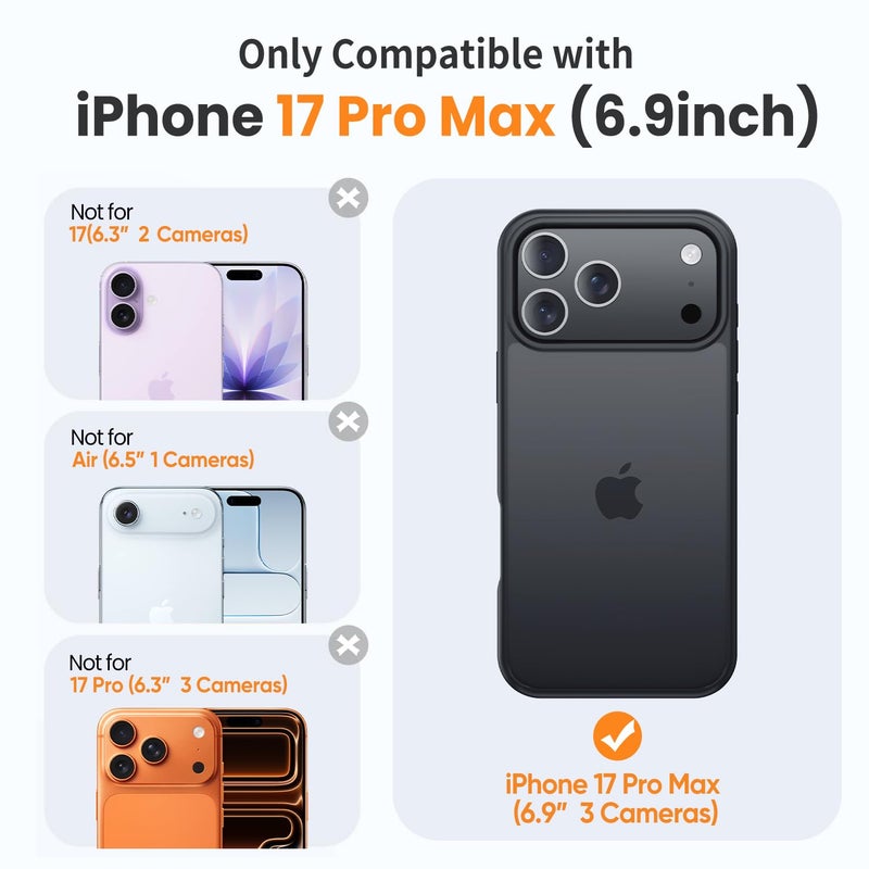 Yriklso for iPhone 17 Pro Max Phone Case,1X Screen Protector +1X Camera Lens,Shockproof for iPhone 17 Pro Max Case, Military Grade Drop Protection, Protective Hard Back Slim Translucent Cover,Black - Image 2