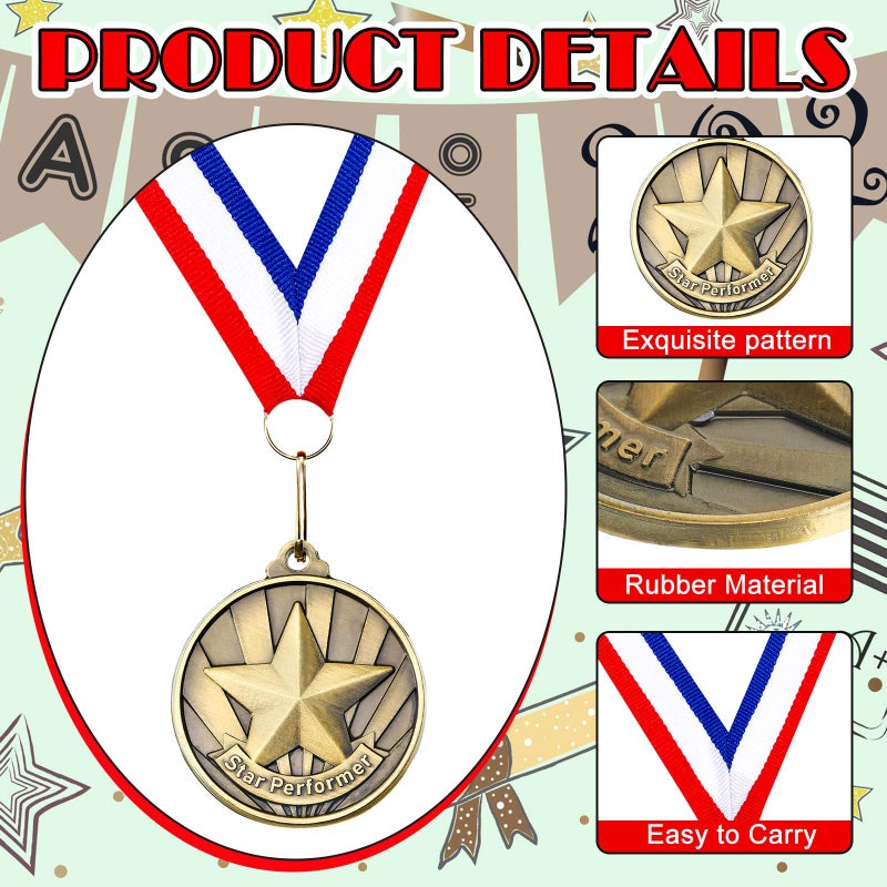Quelay 30 Pcs 2'' Medals for Awards Winner Bulk with Neck Ribbons Metal Trophy Award Prize Gift for Kids Students Adults School Graduation Participation Competitions(Star Performer) - Image 2