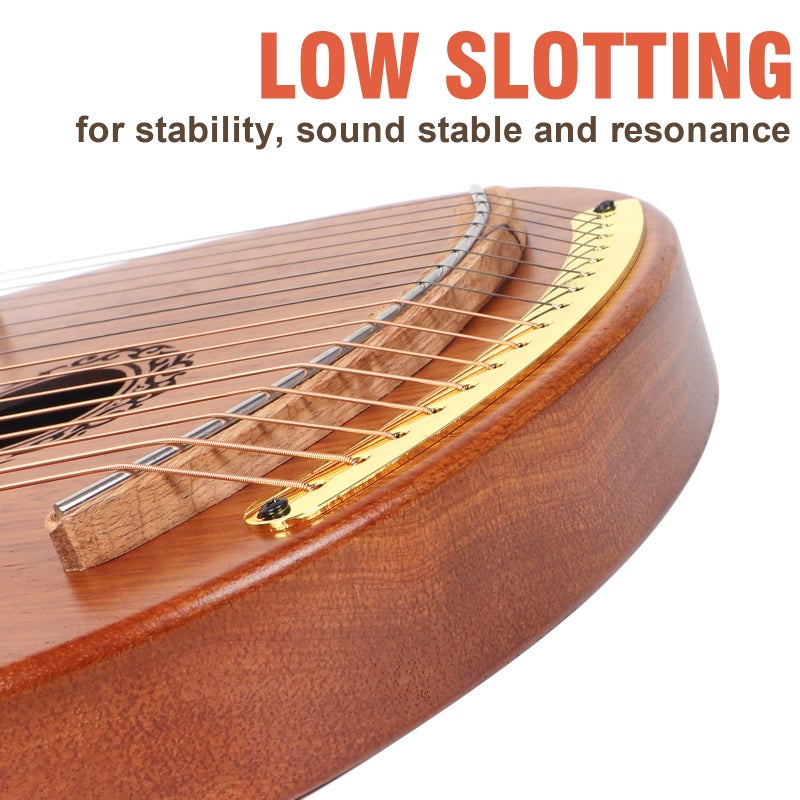 AKLOT Lyre Harp, AKLOT 16 Metal Strings Maple Saddle Mahogany Body Lyra Harp with Carved Note Tuning Wrench Pick up Strings and Black Gig Bag - Image 5