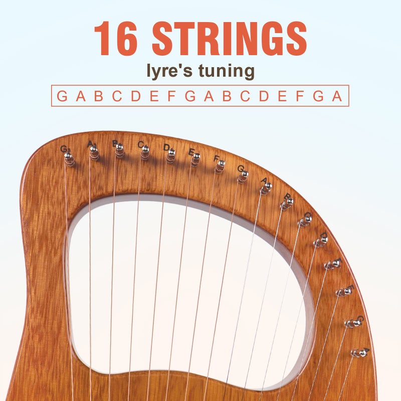 AKLOT Lyre Harp, AKLOT 16 Metal Strings Maple Saddle Mahogany Body Lyra Harp with Carved Note Tuning Wrench Pick up Strings and Black Gig Bag - Image 2