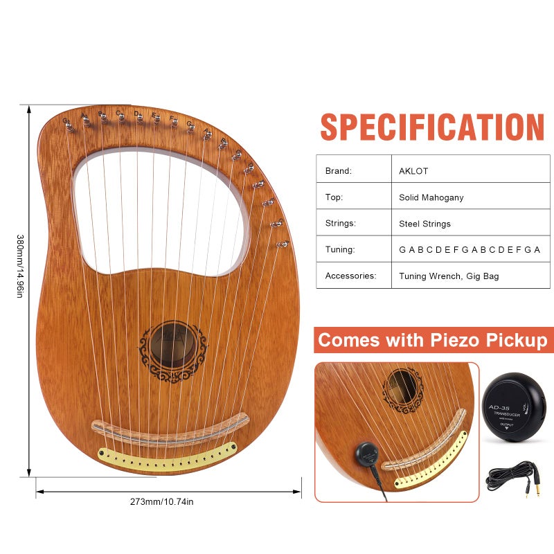 AKLOT Lyre Harp, AKLOT 16 Metal Strings Maple Saddle Mahogany Body Lyra Harp with Carved Note Tuning Wrench Pick up Strings and Black Gig Bag - Image 3