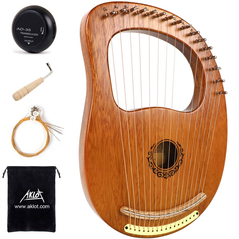 AKLOT Lyre Harp, AKLOT 16 Metal Strings Maple Saddle Mahogany Body Lyra Harp with Carved Note Tuning Wrench Pick up Strings and Black Gig Bag - Image 1