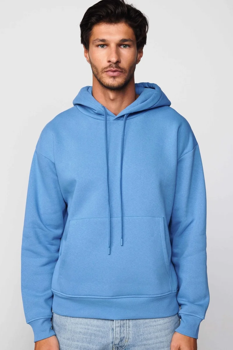 Tudors Unisex Oversize Wide Cut Cotton Soft Textured Polar Fleece Basic Blue Hooded Sweatshirt
