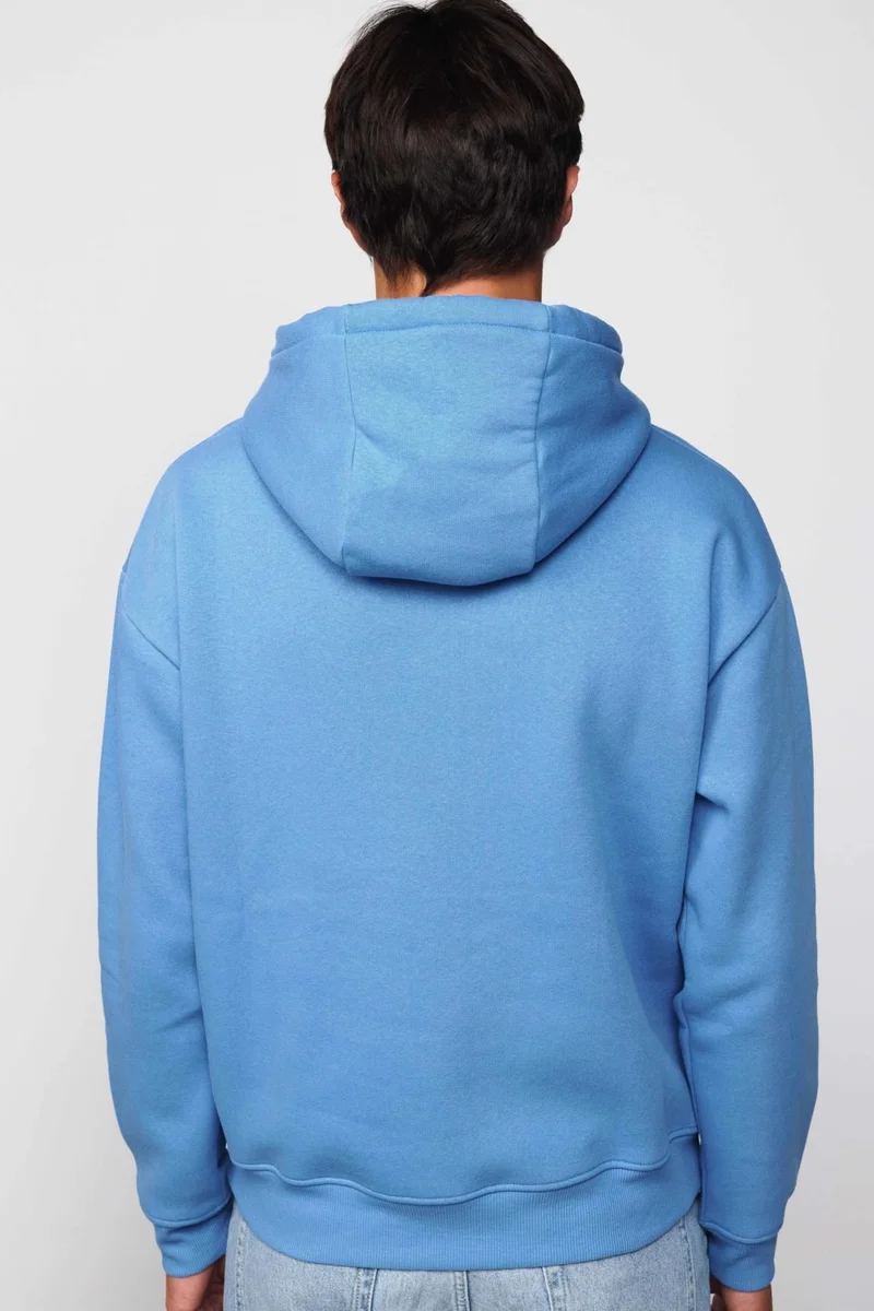 Tudors Unisex Oversize Wide Cut Cotton Soft Textured Polar Fleece Basic Blue Hooded Sweatshirt