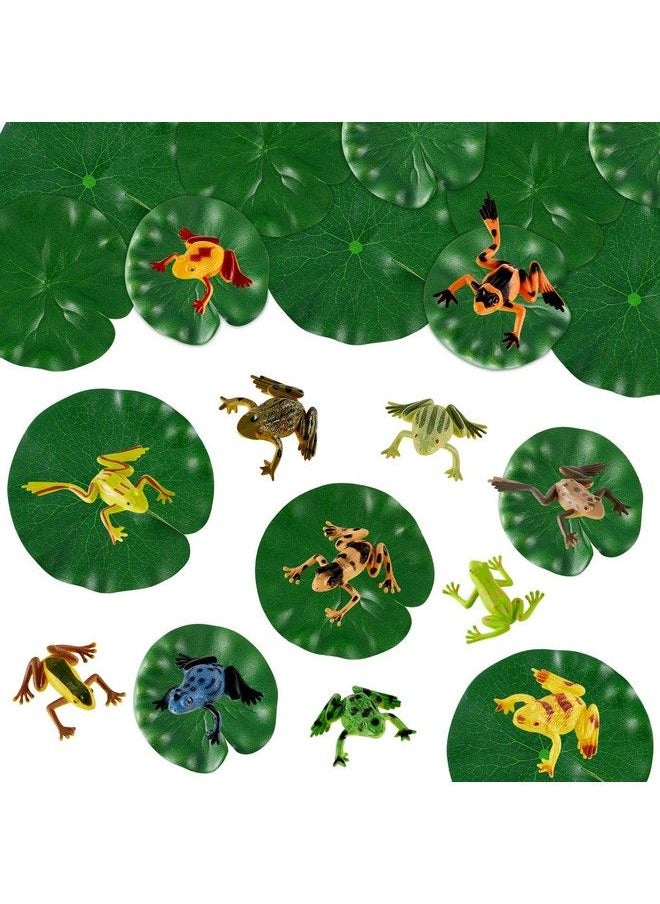 Hungdao - 48 Packs Mini Plastic Frog Toys And Artificial Lily Pads Include 24 Colorful Realistic Frogs Rainforest Animals Figures Character Toys And 24 Floating Foam Leaves For Pool Decor Party Favor - Image 1
