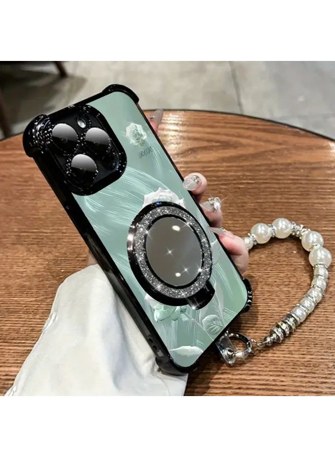 Crystal Rose Green Full Coverage Shockproof Case For iPhone 13 With Pearl Bracelet Strap And Stand - Image 3