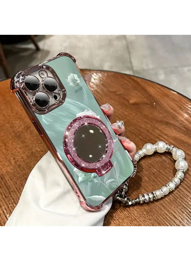 Crystal Rose Green Full Coverage Shockproof Case For iPhone 13 With Pearl Bracelet Strap And Stand - Image 1