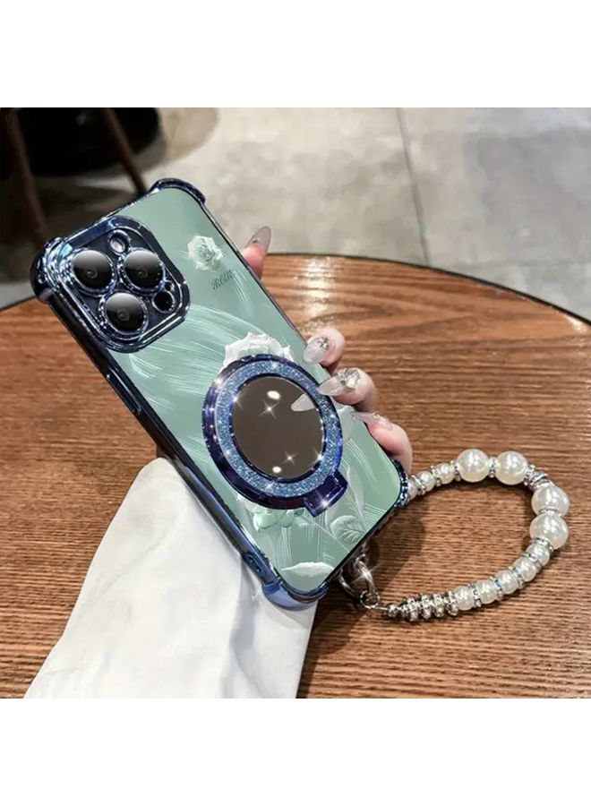 Crystal Rose Green Full Coverage Shockproof Case For iPhone 13 With Pearl Bracelet Strap And Stand - Image 2