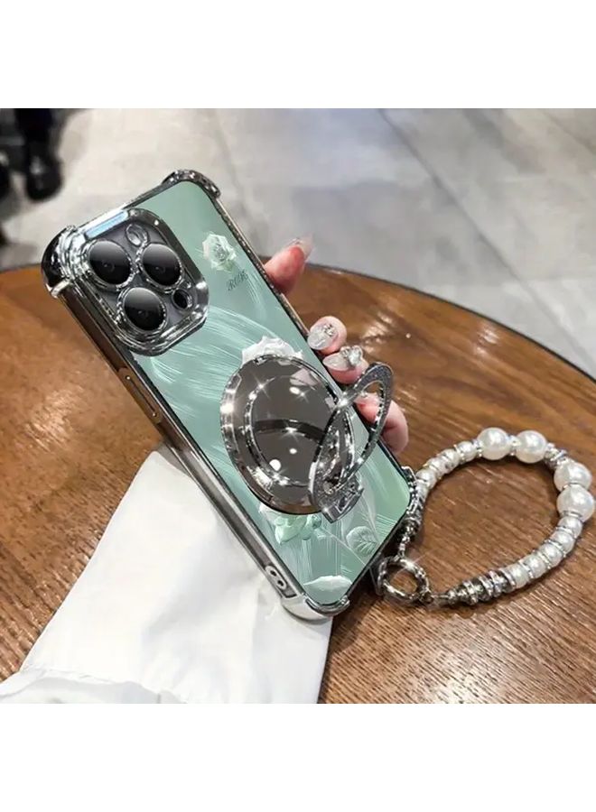Crystal Rose Green Full Coverage Shockproof Case For iPhone 13 With Pearl Bracelet Strap And Stand - Image 4