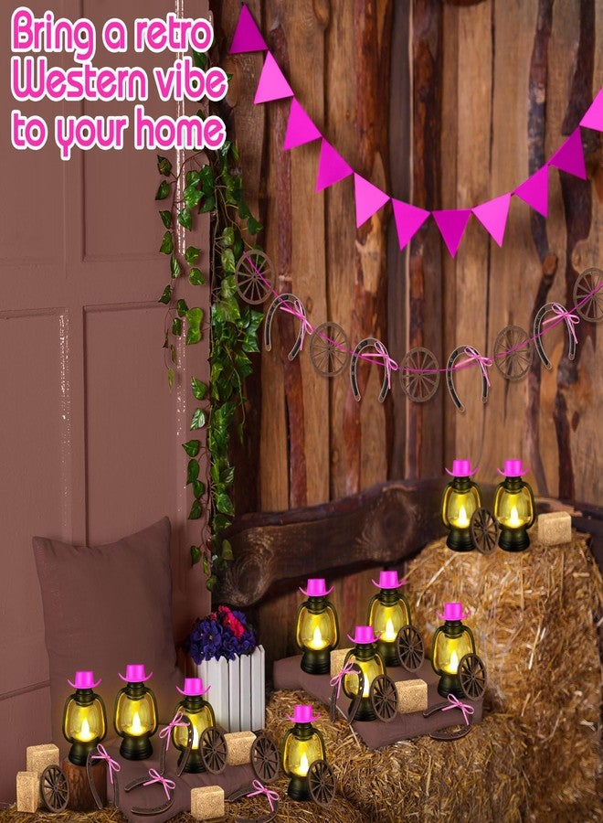 Ferraycle 60 Pcs Western Theme Party Decoration Mini Cowboy Hats Lantern Mini Horseshoe Wagon Wheel Hay Bales Mini Lantern with LED Candle for Wedding Birthday Party Centerpieces (Pink) - Image 4