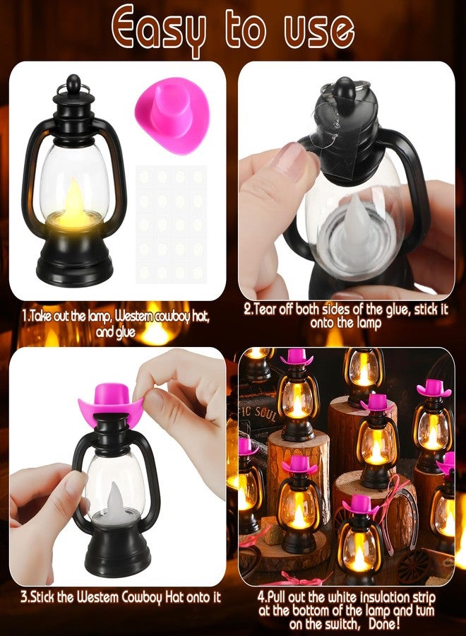 Ferraycle 60 Pcs Western Theme Party Decoration Mini Cowboy Hats Lantern Mini Horseshoe Wagon Wheel Hay Bales Mini Lantern with LED Candle for Wedding Birthday Party Centerpieces (Pink) - Image 3