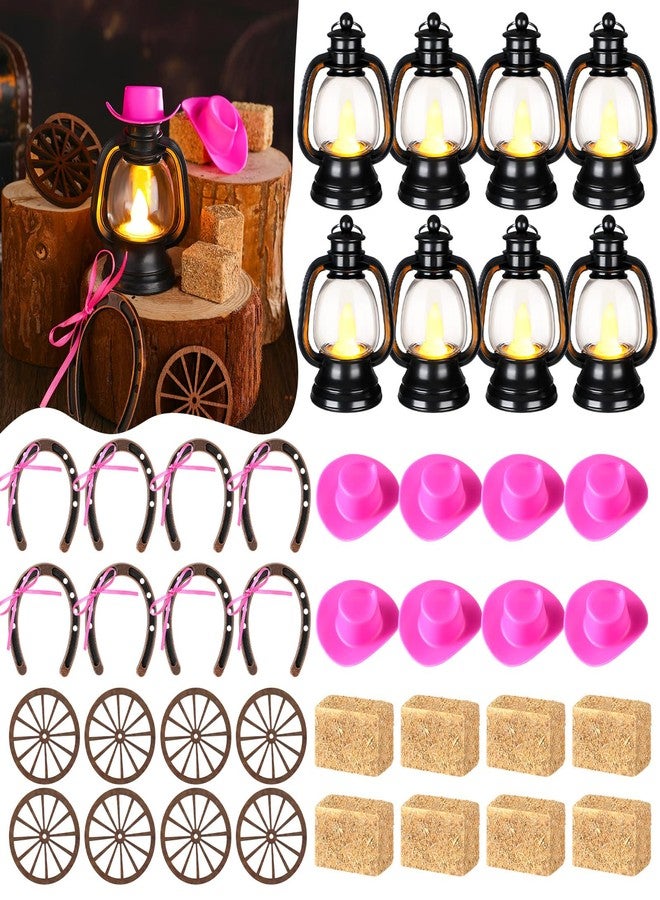 Ferraycle 60 Pcs Western Theme Party Decoration Mini Cowboy Hats Lantern Mini Horseshoe Wagon Wheel Hay Bales Mini Lantern with LED Candle for Wedding Birthday Party Centerpieces (Pink) - Image 1