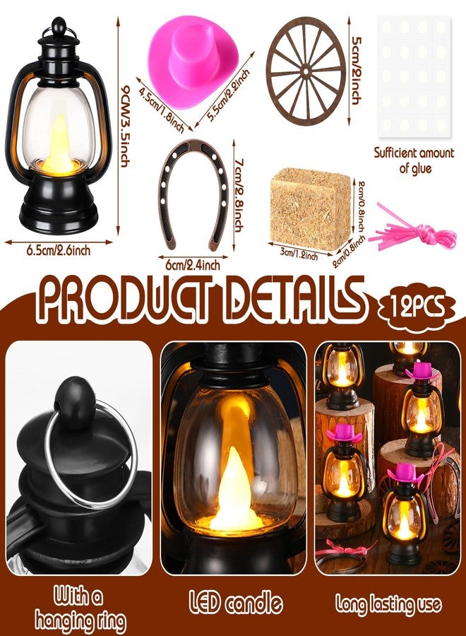 Ferraycle 60 Pcs Western Theme Party Decoration Mini Cowboy Hats Lantern Mini Horseshoe Wagon Wheel Hay Bales Mini Lantern with LED Candle for Wedding Birthday Party Centerpieces (Pink) - Image 2