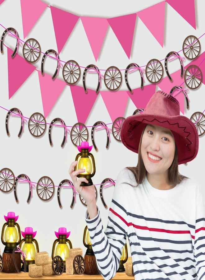Ferraycle 60 Pcs Western Theme Party Decoration Mini Cowboy Hats Lantern Mini Horseshoe Wagon Wheel Hay Bales Mini Lantern with LED Candle for Wedding Birthday Party Centerpieces (Pink) - Image 5