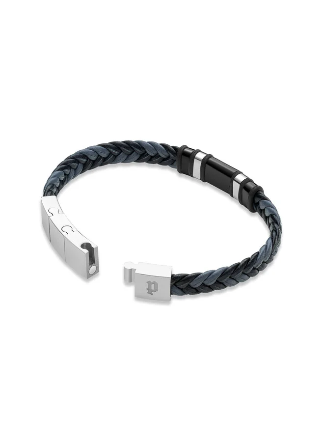 POLICE Weavebreaker Bracelet Dual-Color Braided Leather with Black Wing Logo Plaque and P Logo ClosureBold Men's Style