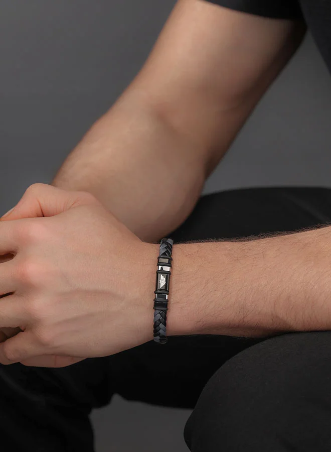 POLICE Weavebreaker Bracelet Dual-Color Braided Leather with Black Wing Logo Plaque and P Logo ClosureBold Men's Style