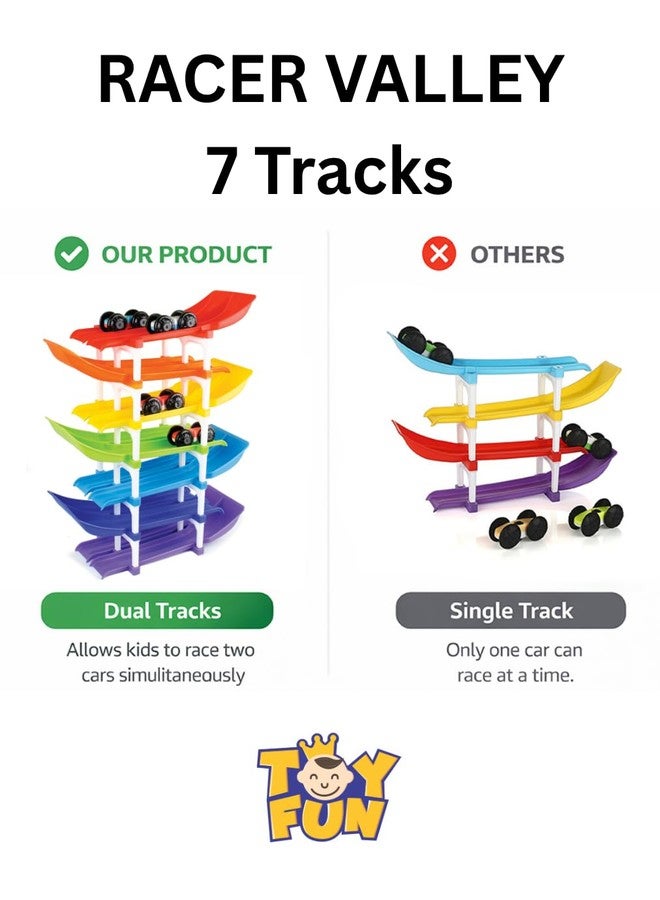 TOY FUN Dual Car Ramp Racer Track Set with 7 Tracks and 4 Cars, Rainbow Colour, Racer Valley Senior for Ages 3+ - Image 3