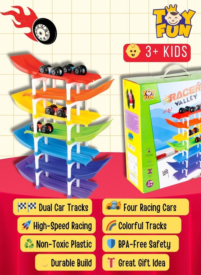 TOY FUN Dual Car Ramp Racer Track Set with 7 Tracks and 4 Cars, Rainbow Colour, Racer Valley Senior for Ages 3+ - Image 2