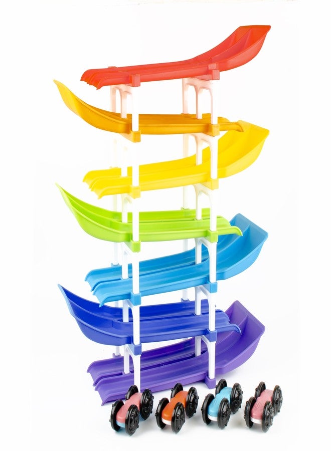 TOY FUN Dual Car Ramp Racer Track Set with 7 Tracks and 4 Cars, Rainbow Colour, Racer Valley Senior for Ages 3+ - Image 1