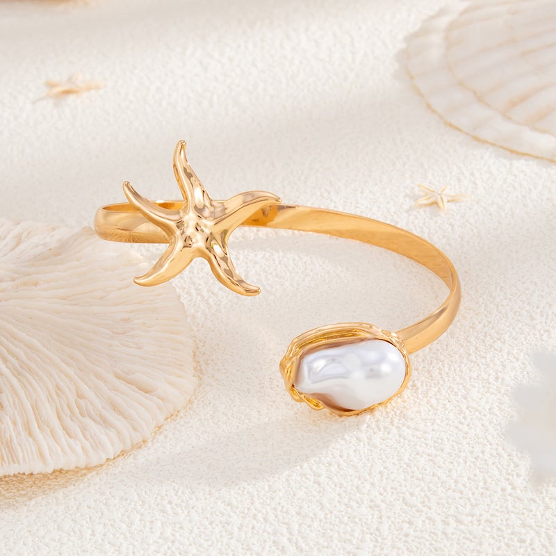 SHIXIN European and American Cross-Border Jewelry: Beach Metal Starfish Open Cuff Bracelet, Personalized Flower Adjustable Arm Ring Set - Image 4