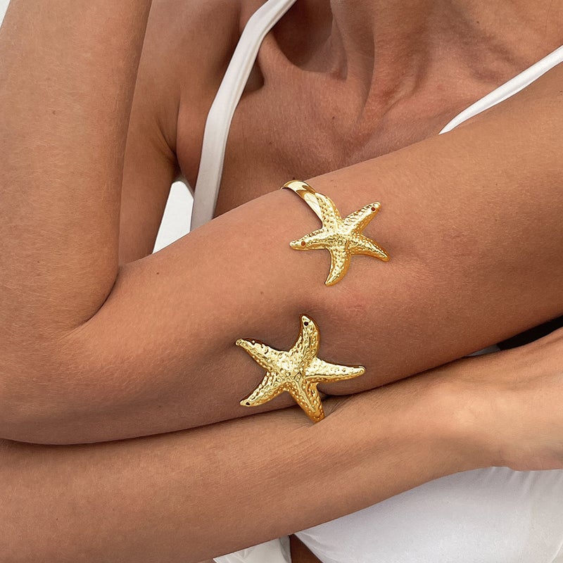SHIXIN European and American Cross-Border Jewelry: Beach Metal Starfish Open Cuff Bracelet, Personalized Flower Adjustable Arm Ring Set - Image 3