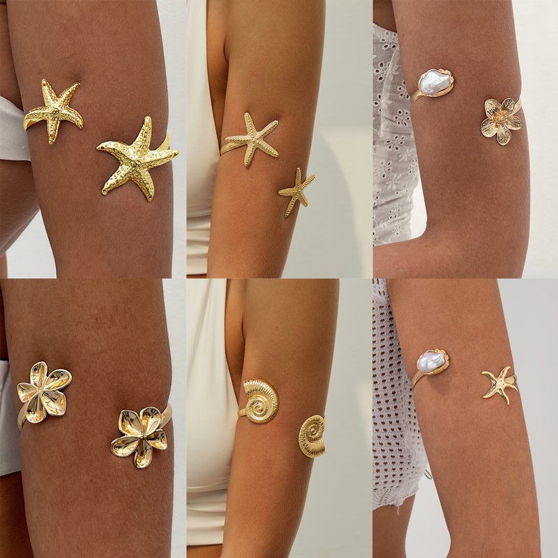SHIXIN European and American Cross-Border Jewelry: Beach Metal Starfish Open Cuff Bracelet, Personalized Flower Adjustable Arm Ring Set - Image 1
