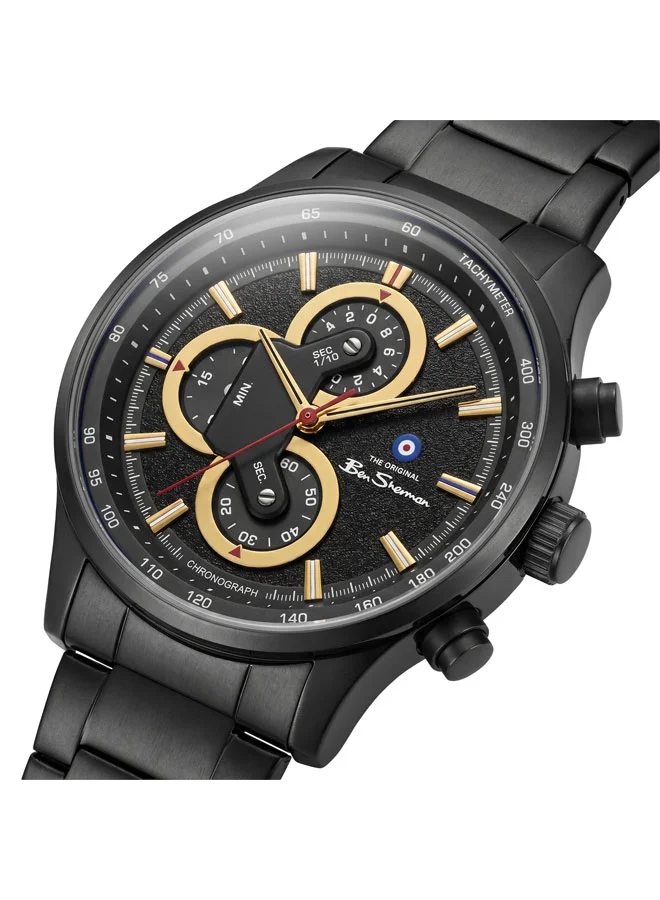 بين شيرمان Brighton Black Dial Black Stainless Steel Bracelet Chronograph Watch for Men, 43.5mm