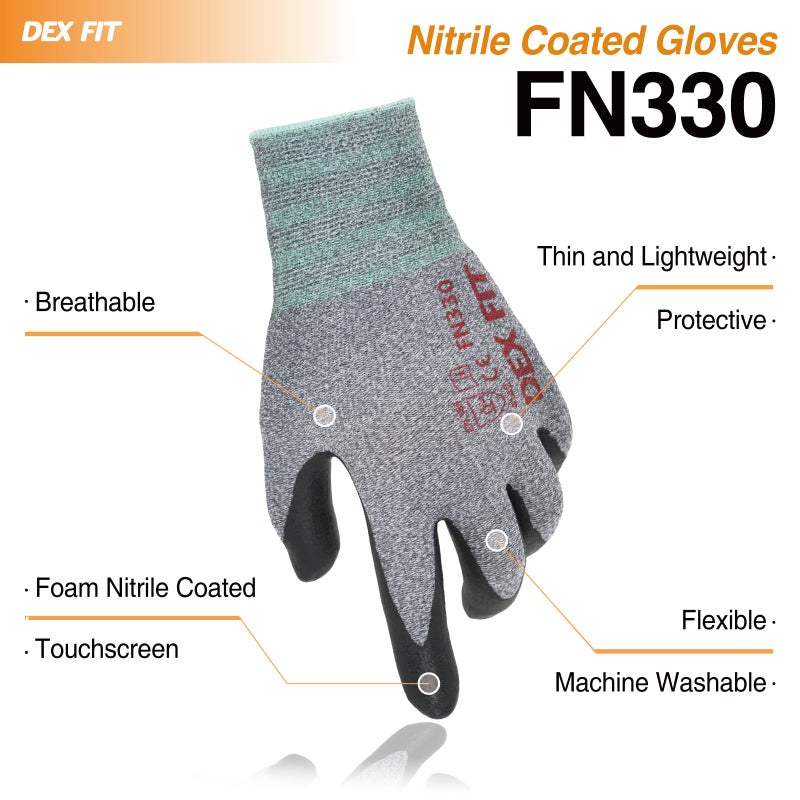 DEX FIT DEX FIT Nitrile Work Gloves FN330, 3 Pairs, 3D-Comfort Stretchy Fit, Firm Grip, Thin & Lightweight, Touch-Screen Compatible, Durable, Breathable & Cool, Machine Washable; Grey M (8)  - Image 2