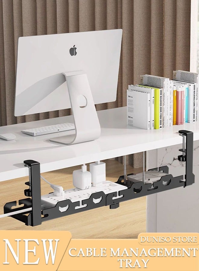 DUNISO Under Desk Cable Management Tray, Adjustable cable organizer, Under Desk Cord Organizer with Clamp Mount System for Wire Management, Metal Wire Cable Holder for Desks, Offices, No Need to Drill Holes  - Image 1