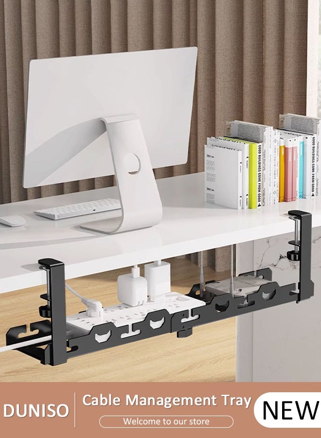 DUNISO Under Desk Cable Management Tray, Adjustable cable organizer, Under Desk Cord Organizer with Clamp Mount System for Wire Management, Metal Wire Cable Holder for Desks, Offices, No Need to Drill