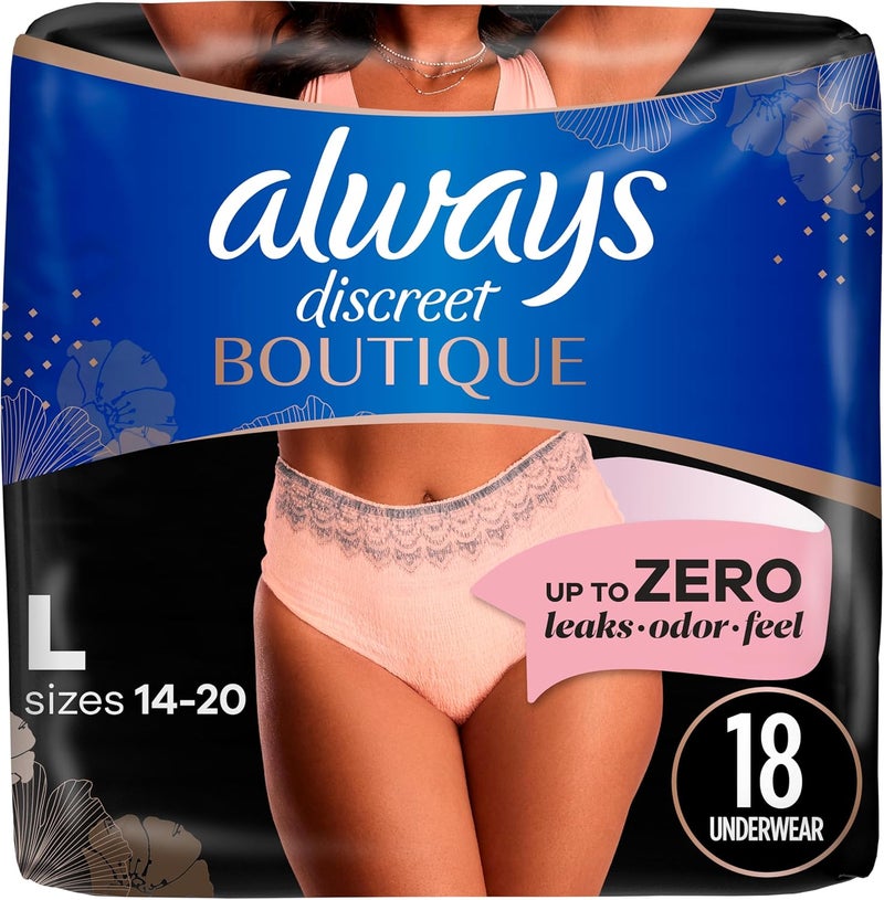 Always Discreet Boutique Adult Incontinence & Postpartum Underwear for Women, Maximum Protection, Peach, Large, 18 Count (Packaging May Vary)