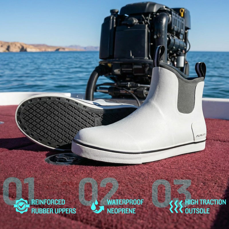 Furuian Men's Deck Boots Fishing Boots Waterproof Rain Boots Ankle Booties Slip On Neoprene Rubber Footwear Chelsea Boots Men botas para hombre for Gardening Fishing Boating Camping Sailing, White 11 - Image 3