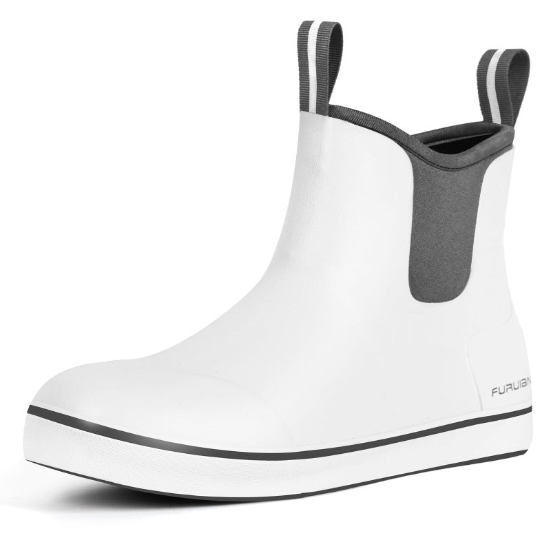 Furuian Men's Deck Boots Fishing Boots Waterproof Rain Boots Ankle Booties Slip On Neoprene Rubber Footwear Chelsea Boots Men botas para hombre for Gardening Fishing Boating Camping Sailing, White 11 - Image 1