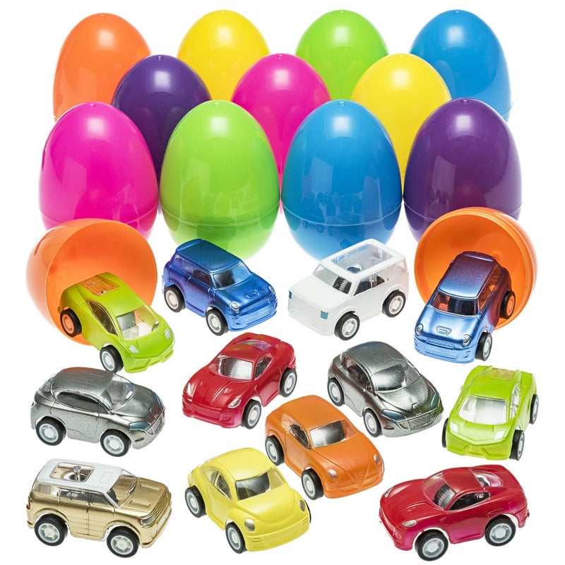 Prextex PREXTEX Stuffed Easter Eggs with Mini Pull-Back Car Inside - Plastic Easter Eggs Stuffed - Easter Egg Fillers for Toddlers - Easter Toys Basket Stuffers/Fillers - Easter Gift/Presents Stuffed Eggs  - Image 1