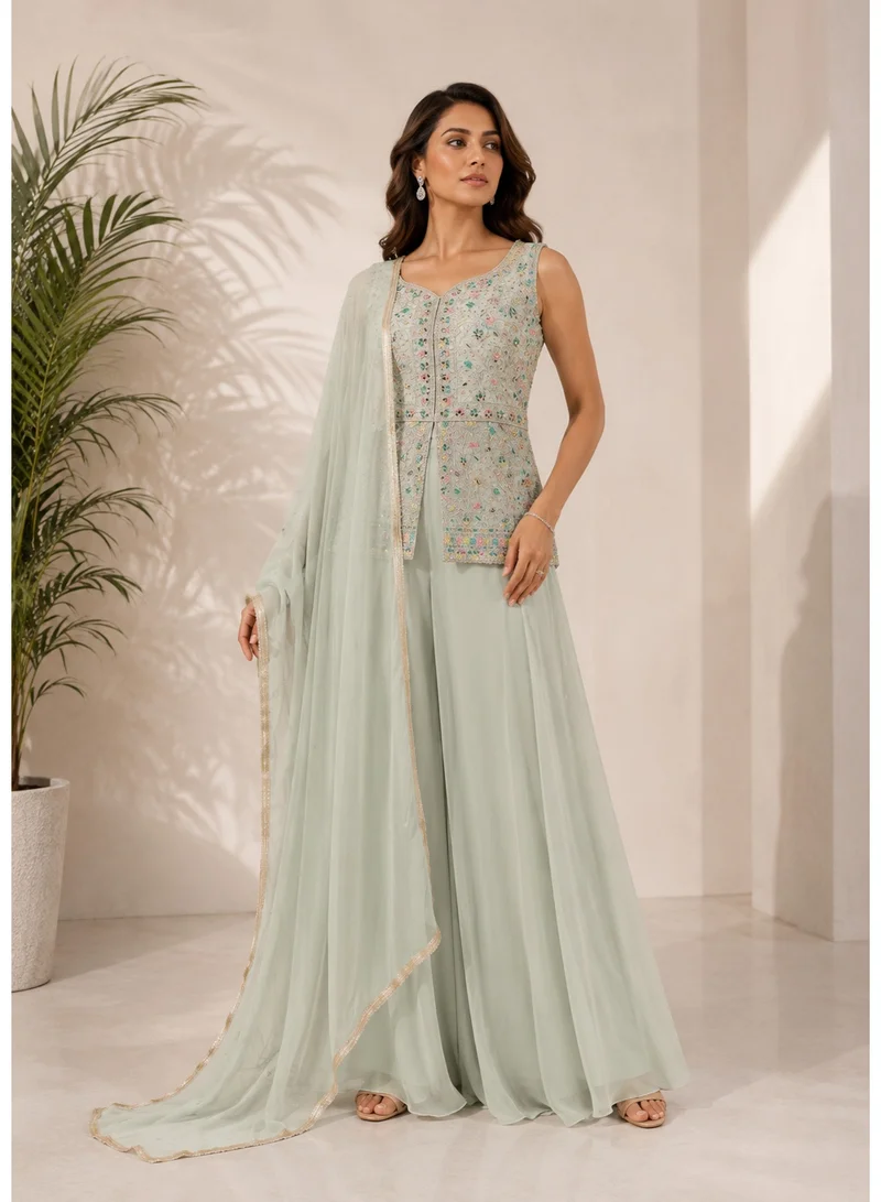 Lehar 3-Piece Pastel Green Floral Embellished Sleeveless Sharara Set