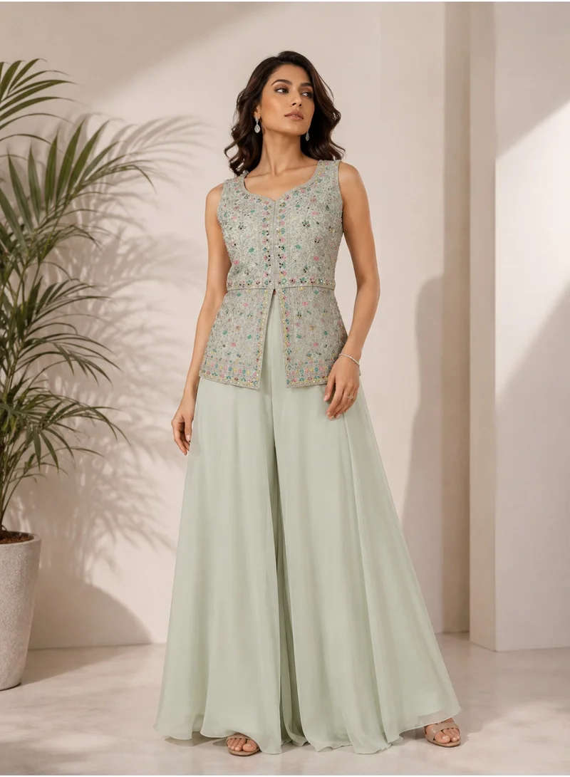 Lehar 3-Piece Pastel Green Floral Embellished Sleeveless Sharara Set