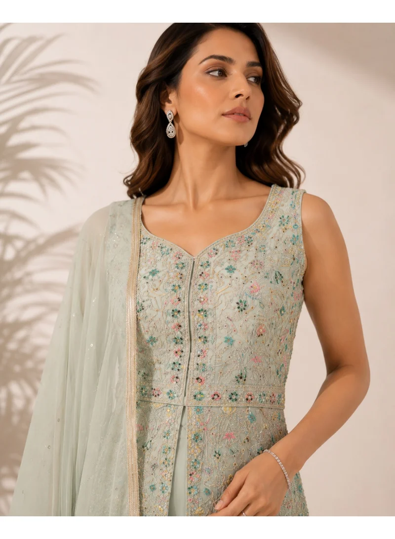 Lehar  3-Piece Pastel Green Floral Embellished Sleeveless Sharara Set for Women | Best Price UAE