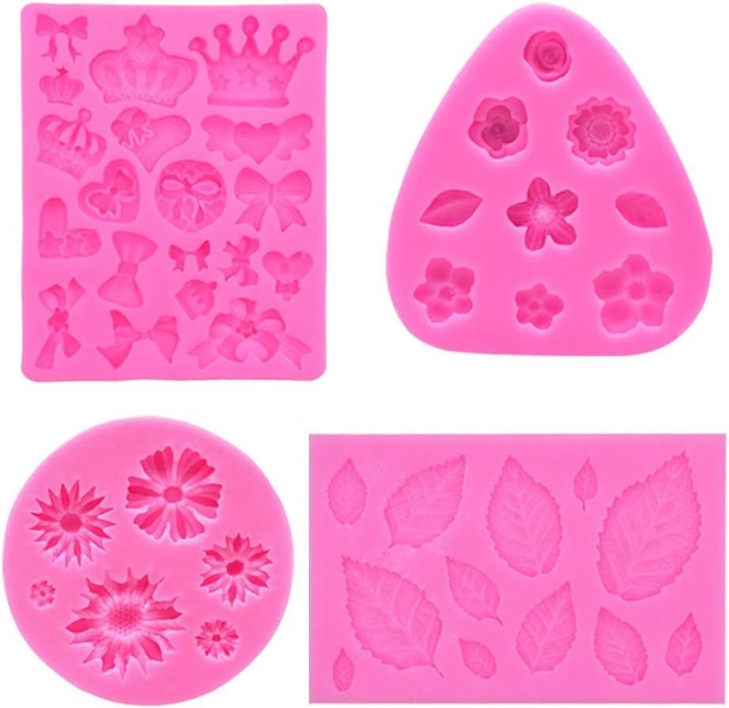 HUSAINI MART 4 Pcs Fondant Cake Silicone Molds Daisy Chrysanthemum Narcissus Rose Small Flowers Leaves Crown Bow Heart Mini Shaped Mold for Candy Chocolate Cupcake Decorating Baking Soap Crafting - Image 1
