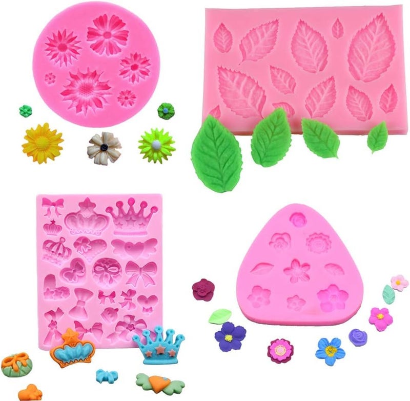 HUSAINI MART 4 Pcs Fondant Cake Silicone Molds Daisy Chrysanthemum Narcissus Rose Small Flowers Leaves Crown Bow Heart Mini Shaped Mold for Candy Chocolate Cupcake Decorating Baking Soap Crafting - Image 4