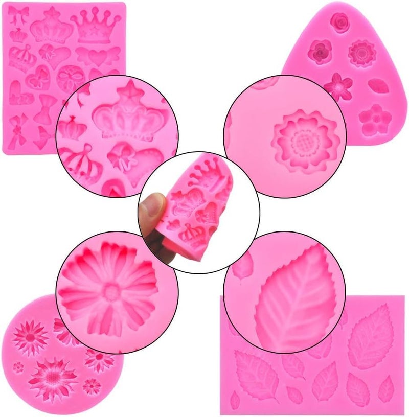 HUSAINI MART 4 Pcs Fondant Cake Silicone Molds Daisy Chrysanthemum Narcissus Rose Small Flowers Leaves Crown Bow Heart Mini Shaped Mold for Candy Chocolate Cupcake Decorating Baking Soap Crafting - Image 3