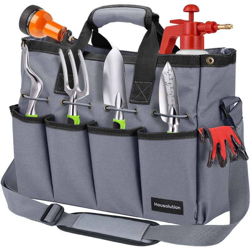 Housolution Garden Tote Bag 900D Gardening Tool Bag Garden Tote Storage Bag with Pockets Long Adjustable Shoulder Strap Home Tools Organizer Garden Tool Kit Holder Standable 14 Inch Gray - Image 2