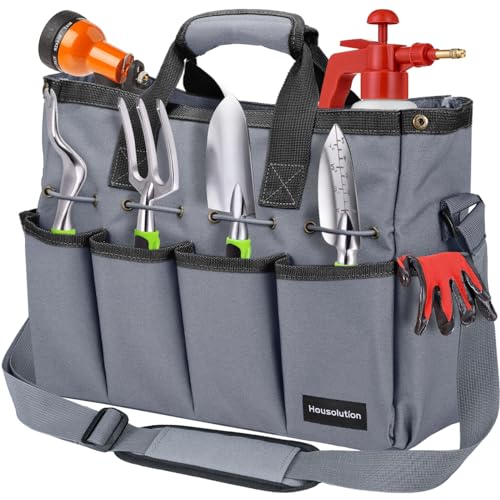 Housolution Garden Tote Bag 900D Gardening Tool Bag Garden Tote Storage Bag with Pockets Long Adjustable Shoulder Strap Home Tools Organizer Garden Tool Kit Holder Standable 14 Inch Gray - Image 1