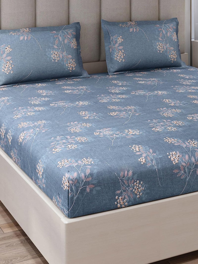 Monte Carlo Blue Printed King Size 135 GSM 1 Bedsheet with 2 Pillow Cover 6 - Image 4