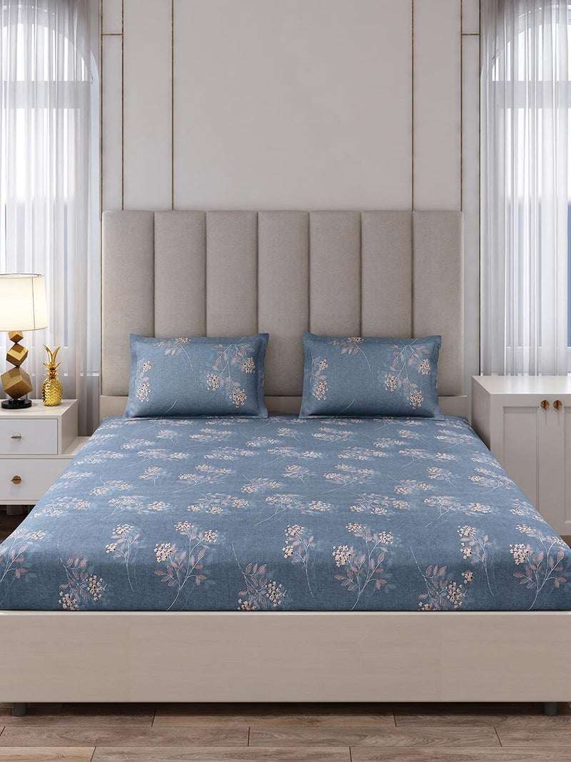 Monte Carlo Blue Printed King Size 135 GSM 1 Bedsheet with 2 Pillow Cover 6 - Image 3
