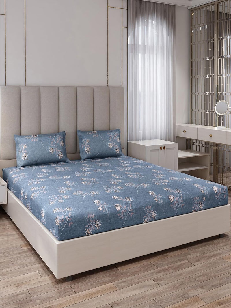 Monte Carlo Blue Printed King Size 135 GSM 1 Bedsheet with 2 Pillow Cover 6 - Image 1
