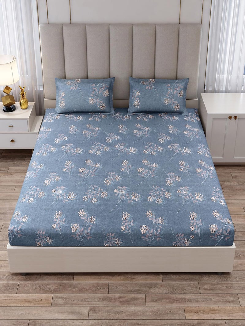 Monte Carlo Blue Printed King Size 135 GSM 1 Bedsheet with 2 Pillow Cover 6 - Image 2
