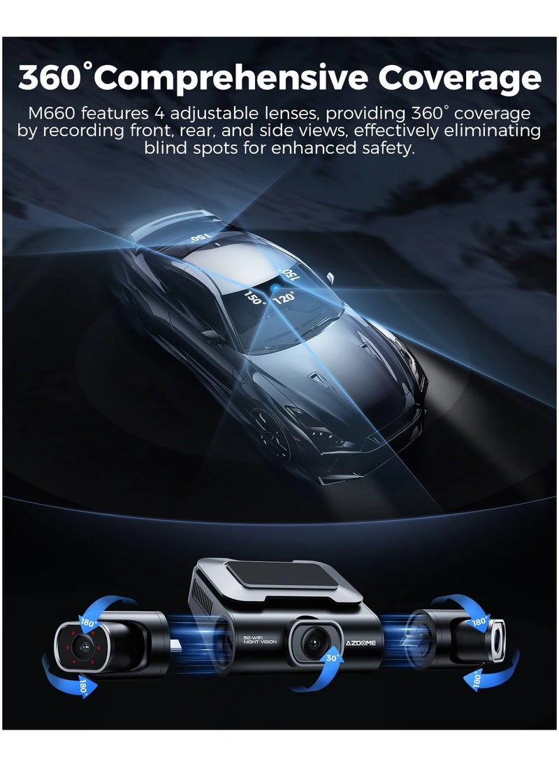 AZDOME - Azdome M660 4 Channel Car Dash Cam with All-Around Recording Voice Control, Night Vision, Super Capacitor and Free App - Image 1