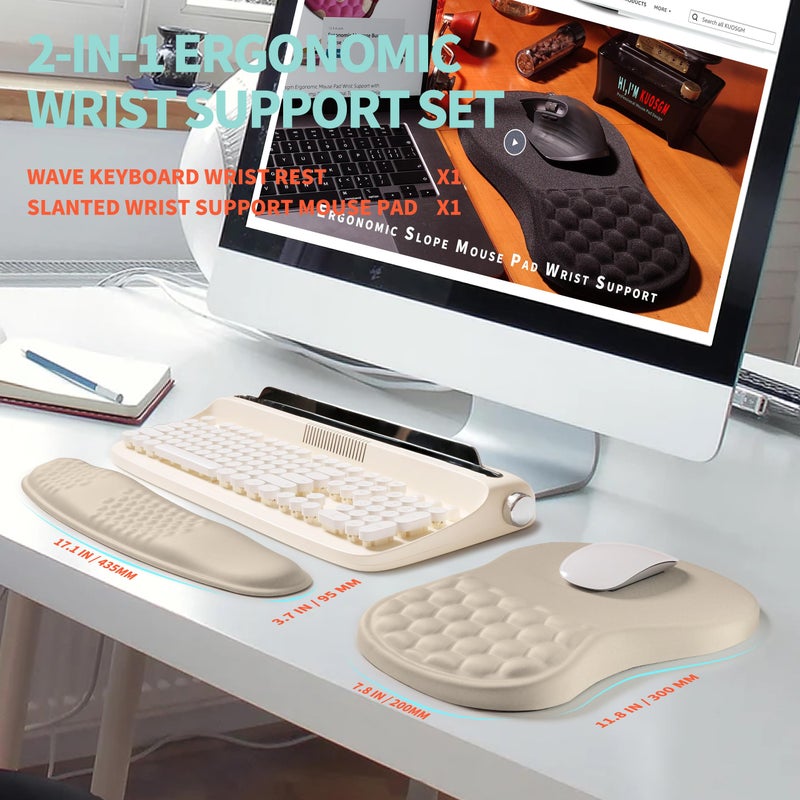 KUOSGM 2-in-1 Ergonomic Set, Wave Rise Keyboard Wrist Rest and Massage Bulge Slope Mouse Pad Wrist Support, Cushion Memory Foam Integrated to Relieve Wrist Pain, Apricot - Image 5