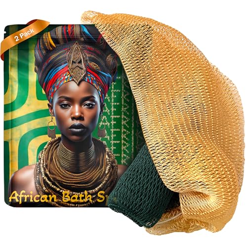 AFRIKI African Net Sponge – Exfoliating Body Scrubber, Black Owned & Rooted in Africa, All Skin Types | 45 in Long (Dark Green & Champagne Gold) - Image 1